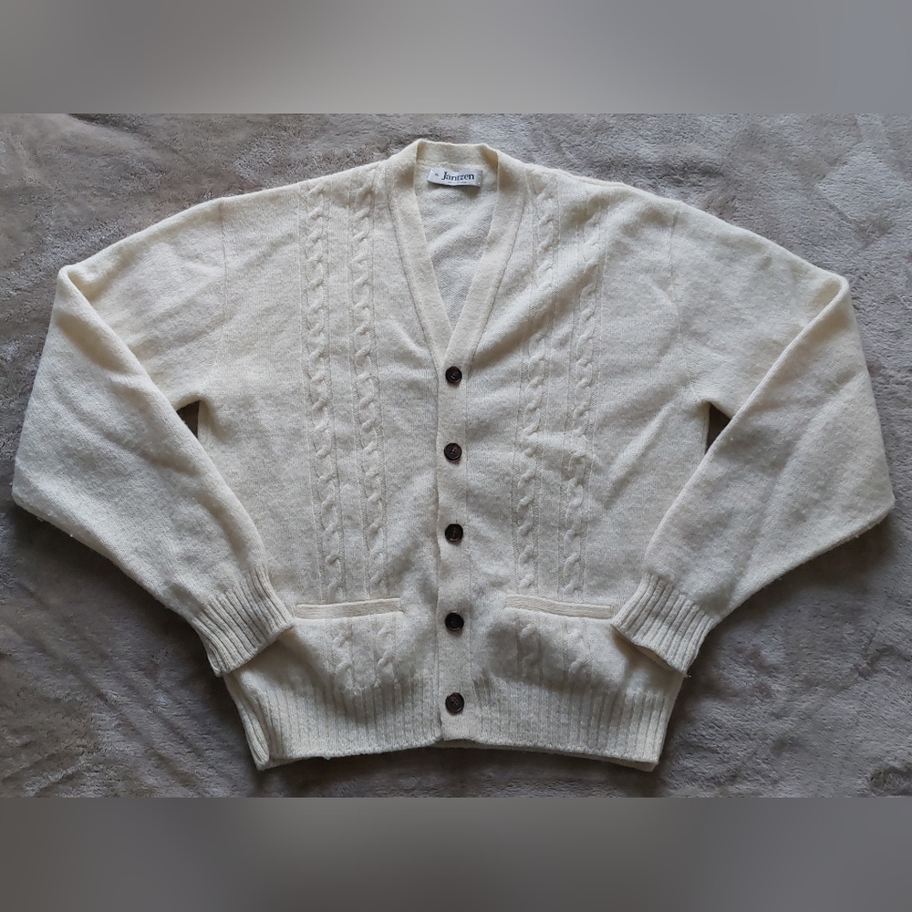 Vintage Jantzen Unisex Ivory Wool Cable Knit Oversized Cardigan | XL